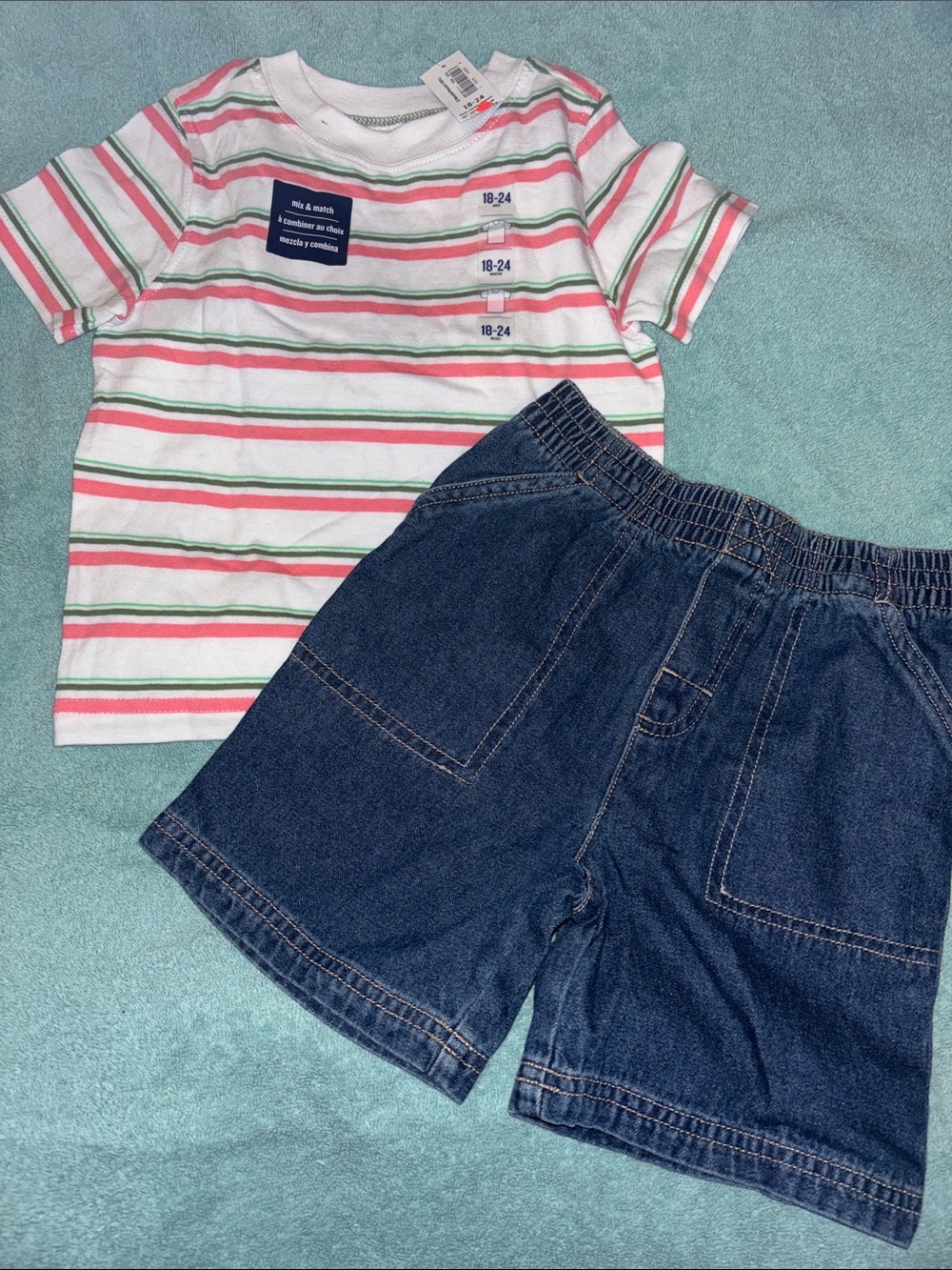 NWT Old Navy White Striped Tee with salmon & Green Accents & New Jean shorts 24m
